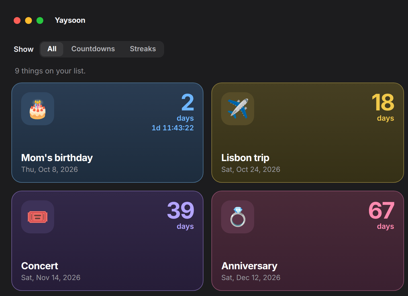 Countdown cards in Yaysoon, each with its own emoji.