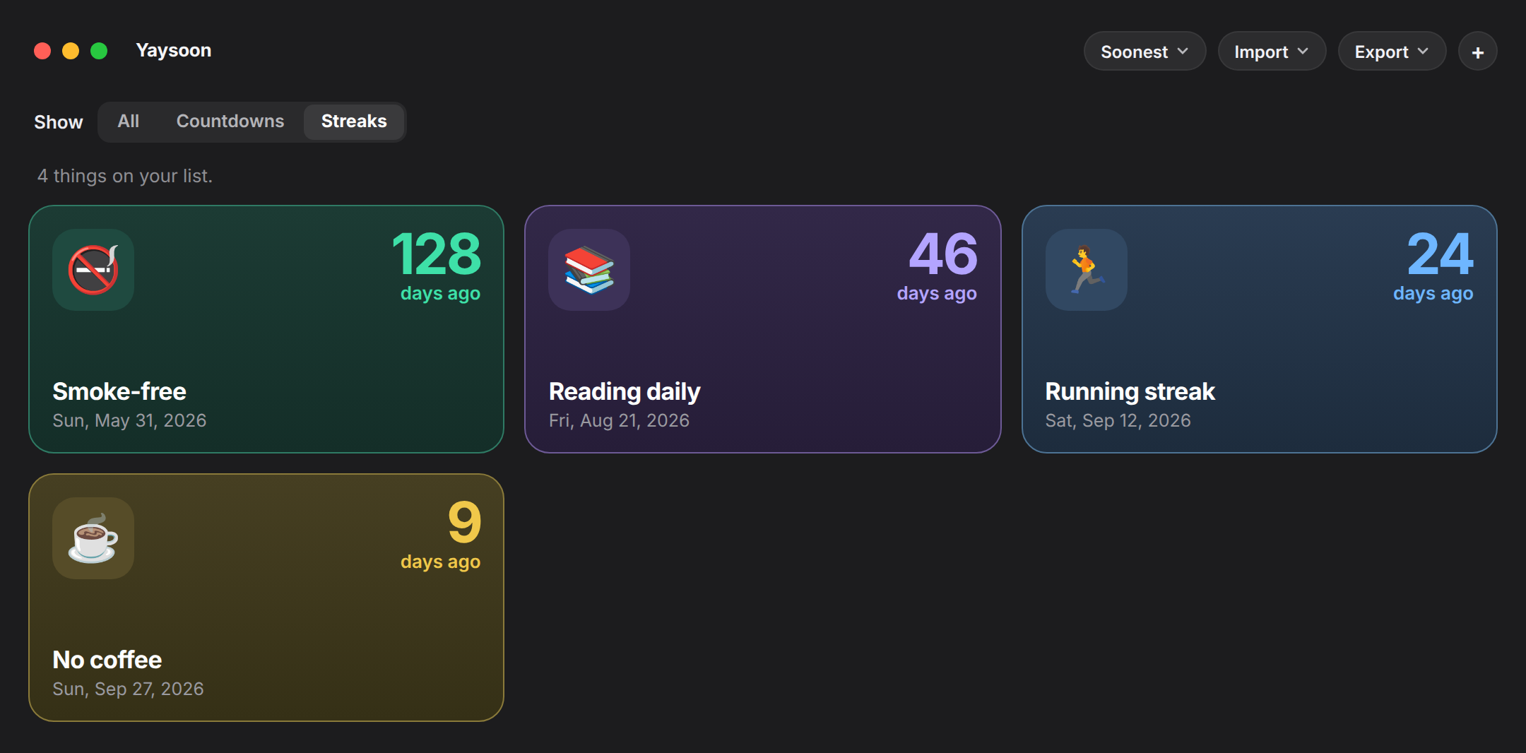 Yaysoon with the Streaks filter selected: running, smoke-free, reading daily, and no coffee.